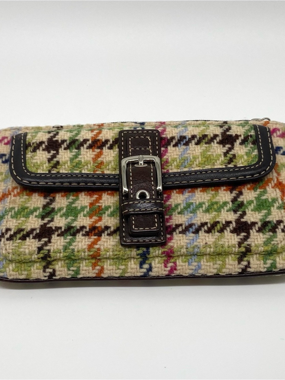 Coach Multicolor Woven Houndstooth Tattersall Clutch Wallet with Brown Trim